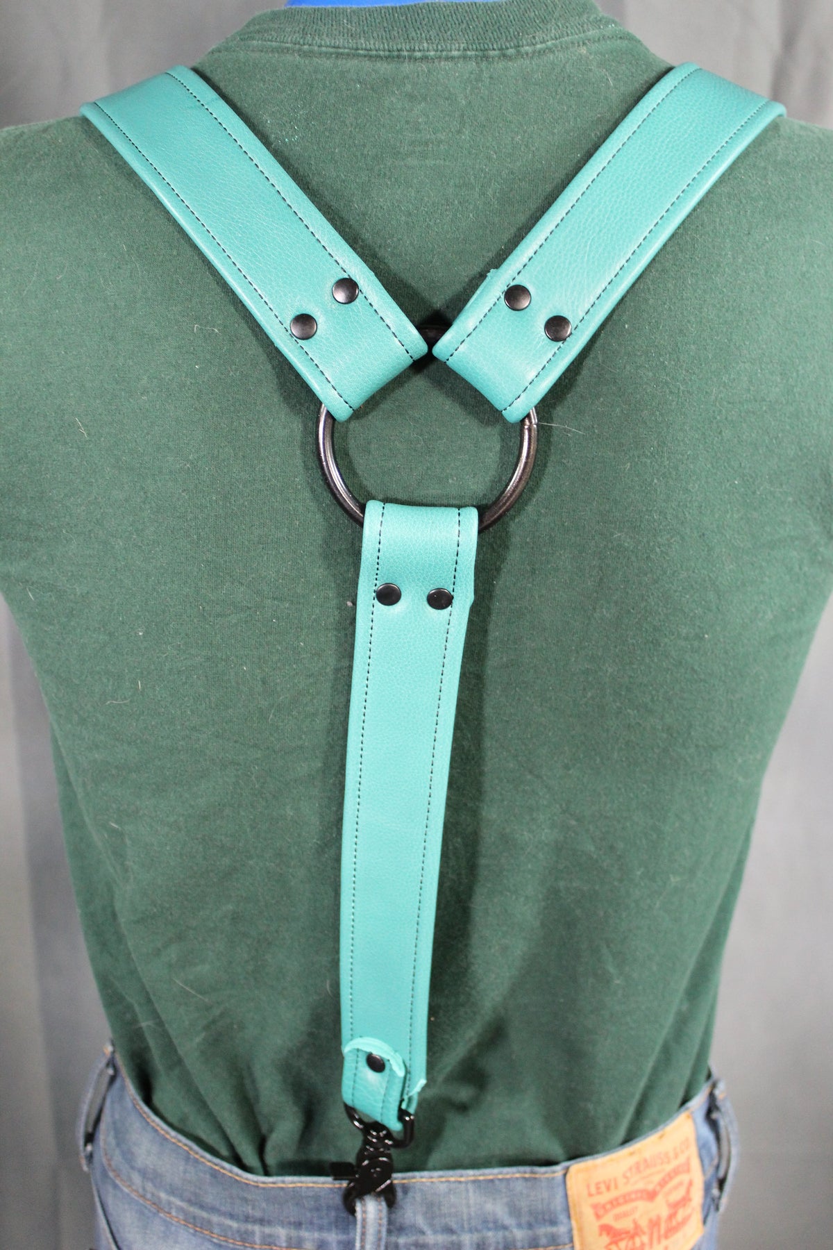 Teal Leather Suspenders with Black Hardware - view 4