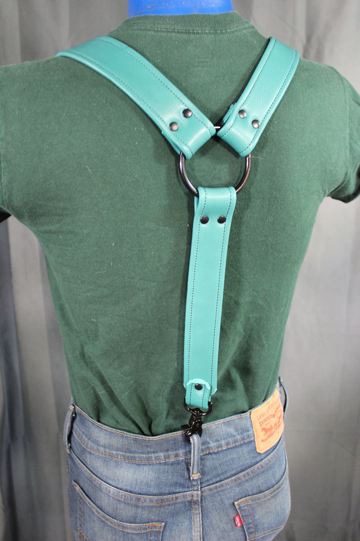 Teal Leather Suspenders with Black Hardware - view 3