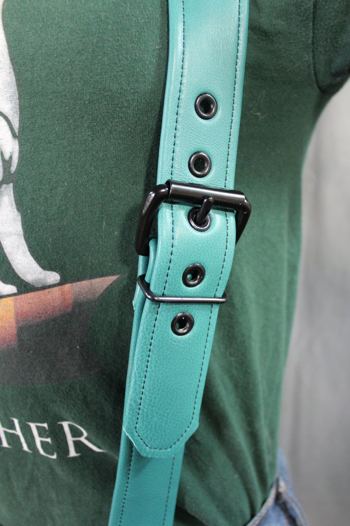 Teal Leather Suspenders with Black Hardware - view 5