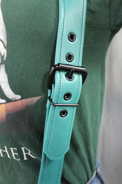 Teal Leather Suspenders with Black Hardware - view 5