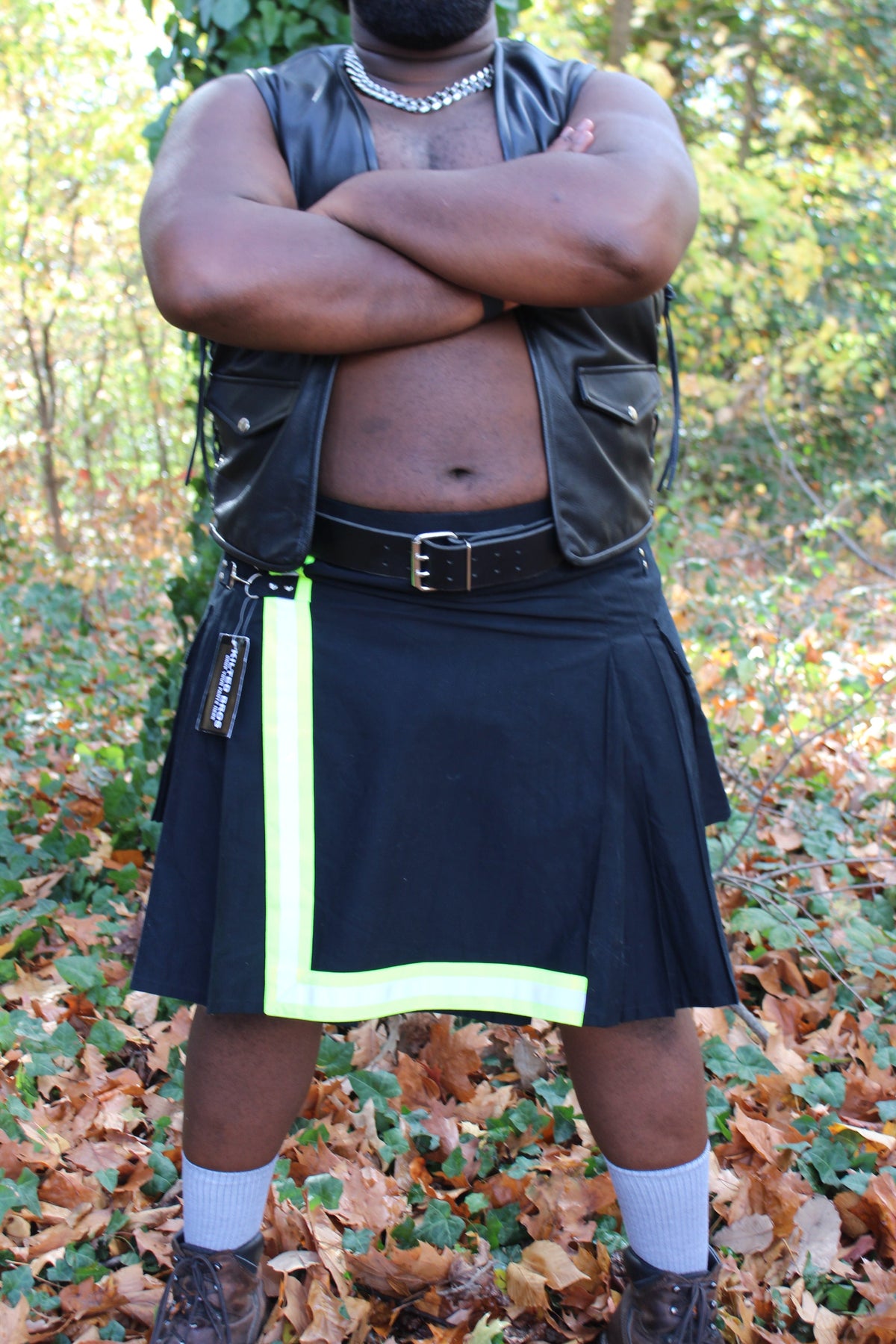 Firefighter Kilt in Black and Florescent Green - front view