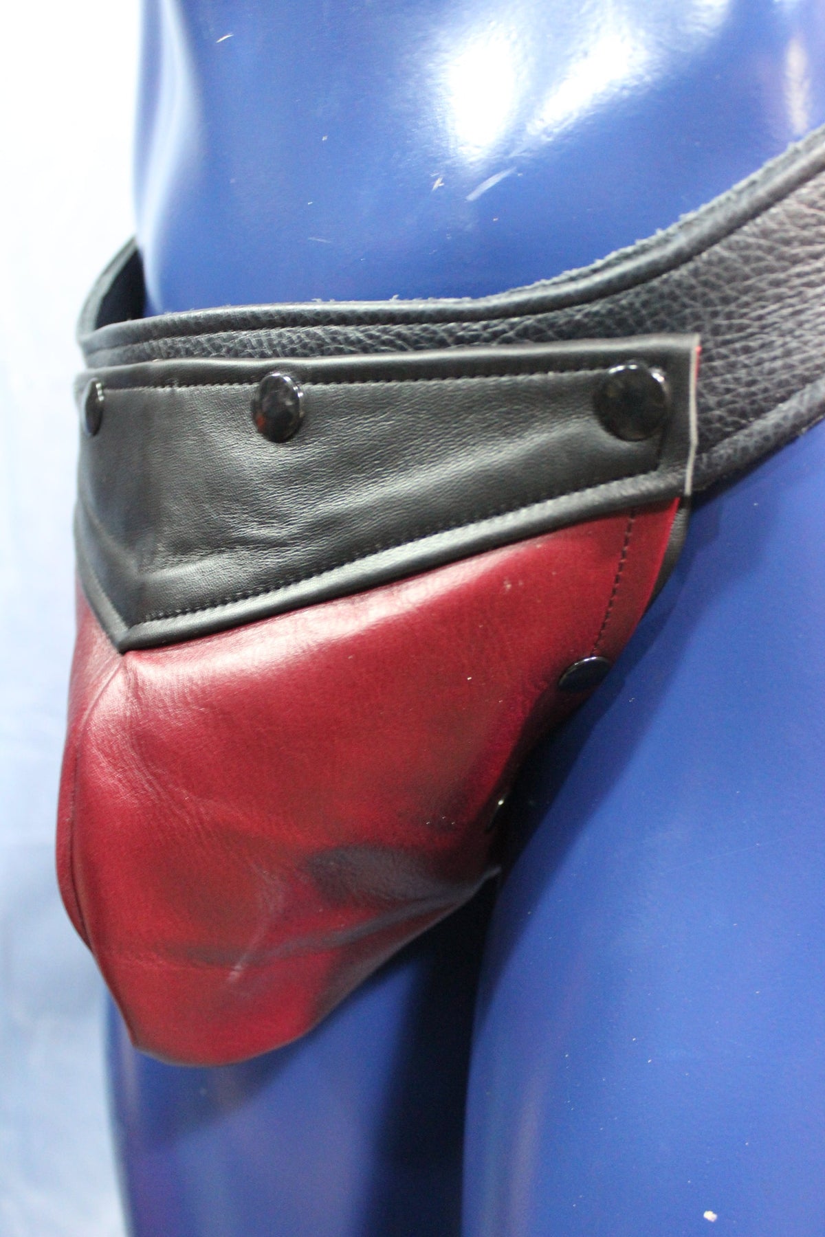 Black Leather Jockstrap with Burgundy Interchangeable Codpiece - view 3