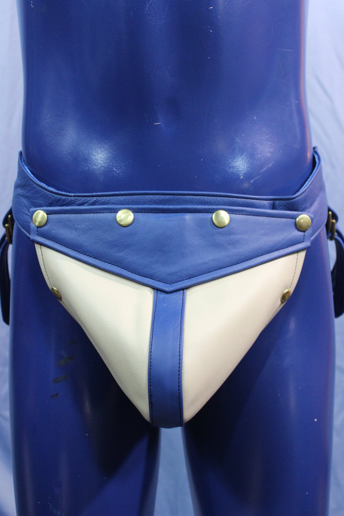 Blue and White Leather Jockstrap Interchangeable Codpiece - front view