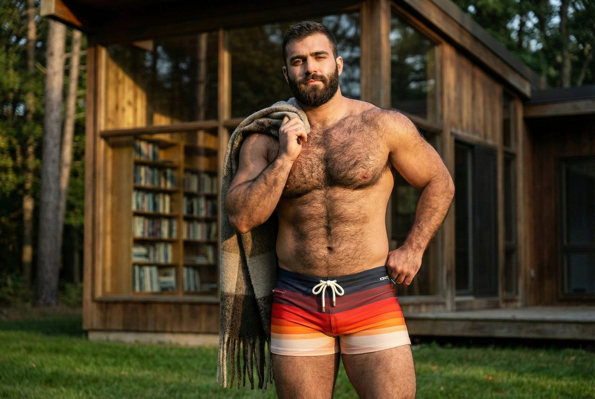 Man wearing KBAYO red and orange striped swim trunks outside a wooden cabin