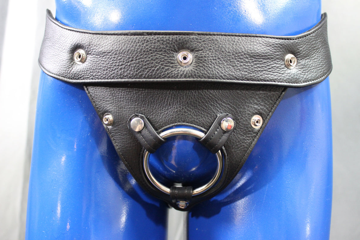 Black Leather Jock with built in Cockring - front view