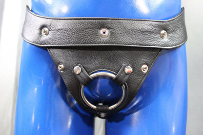 Black Leather Jock with built in Cockring - front view