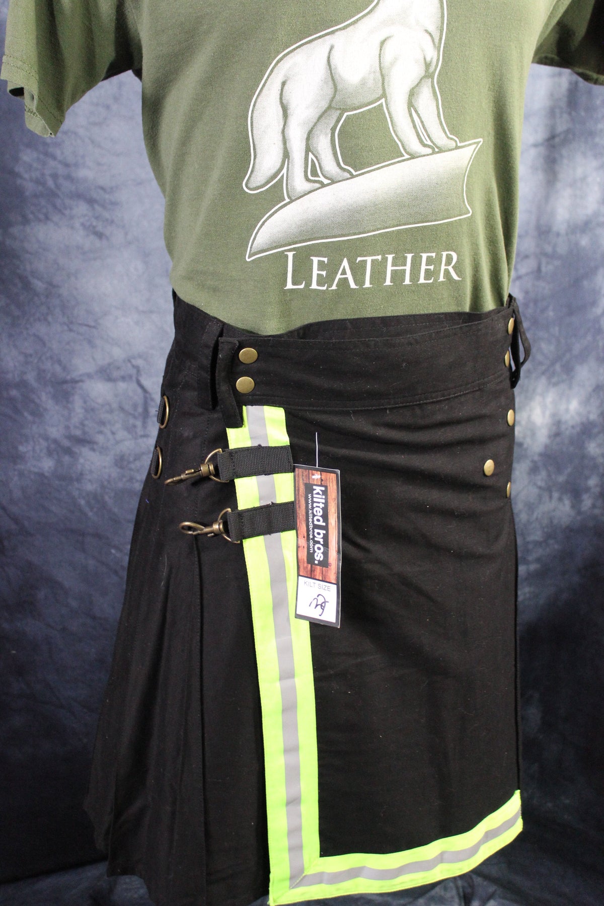 Classic KiltedBros Firefighter Kilt in Black and Florescent Green - front view