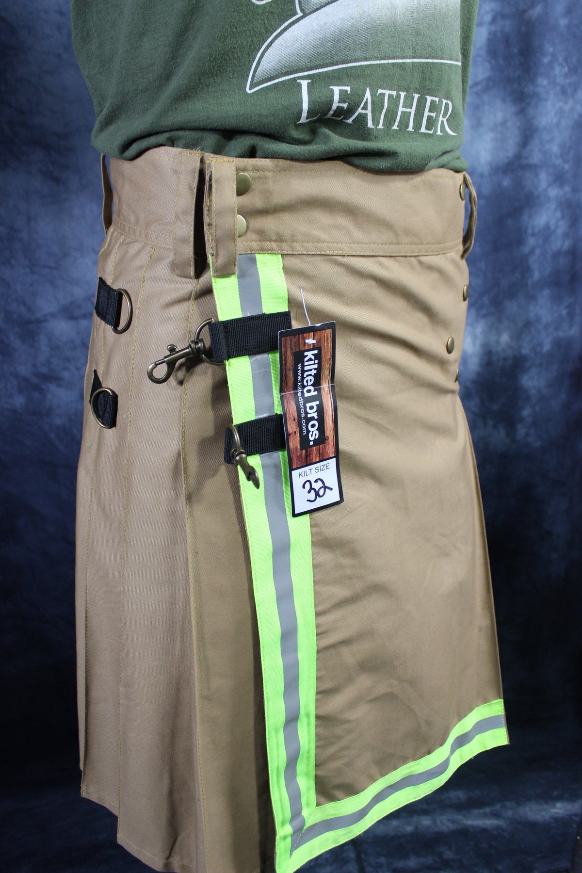 Classic KiltedBros Firefighter Kilt in Tan and Florescent Green - front view