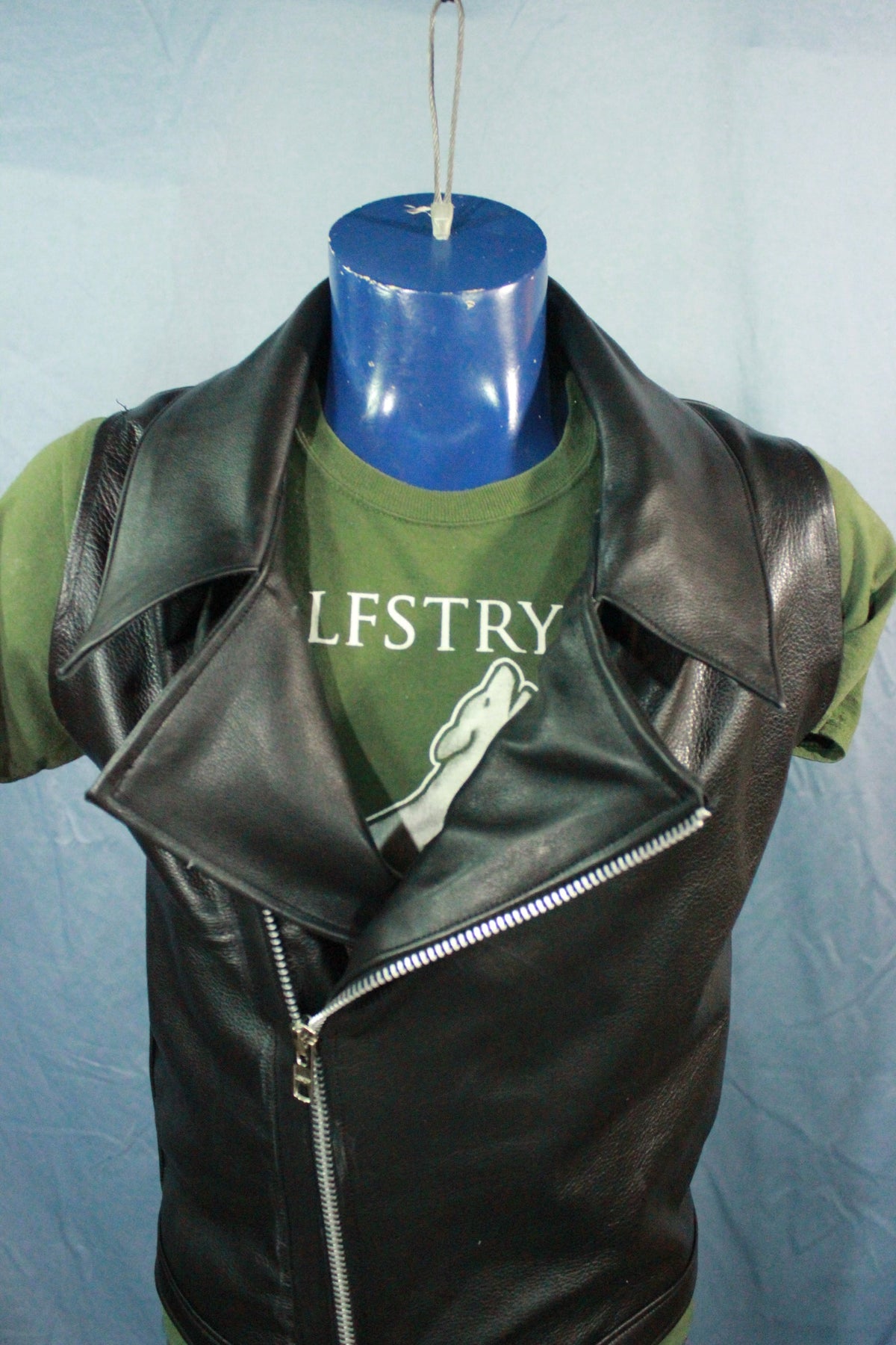 Classic Black Leather Biker Jacket Style Vest - front view