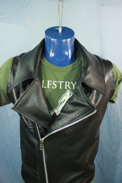Classic Black Leather Biker Jacket Style Vest - front view