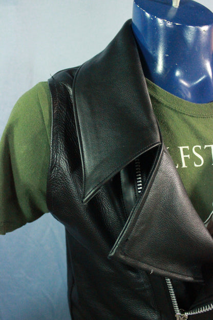 Classic Black Leather Biker Jacket Style Vest - view 2
