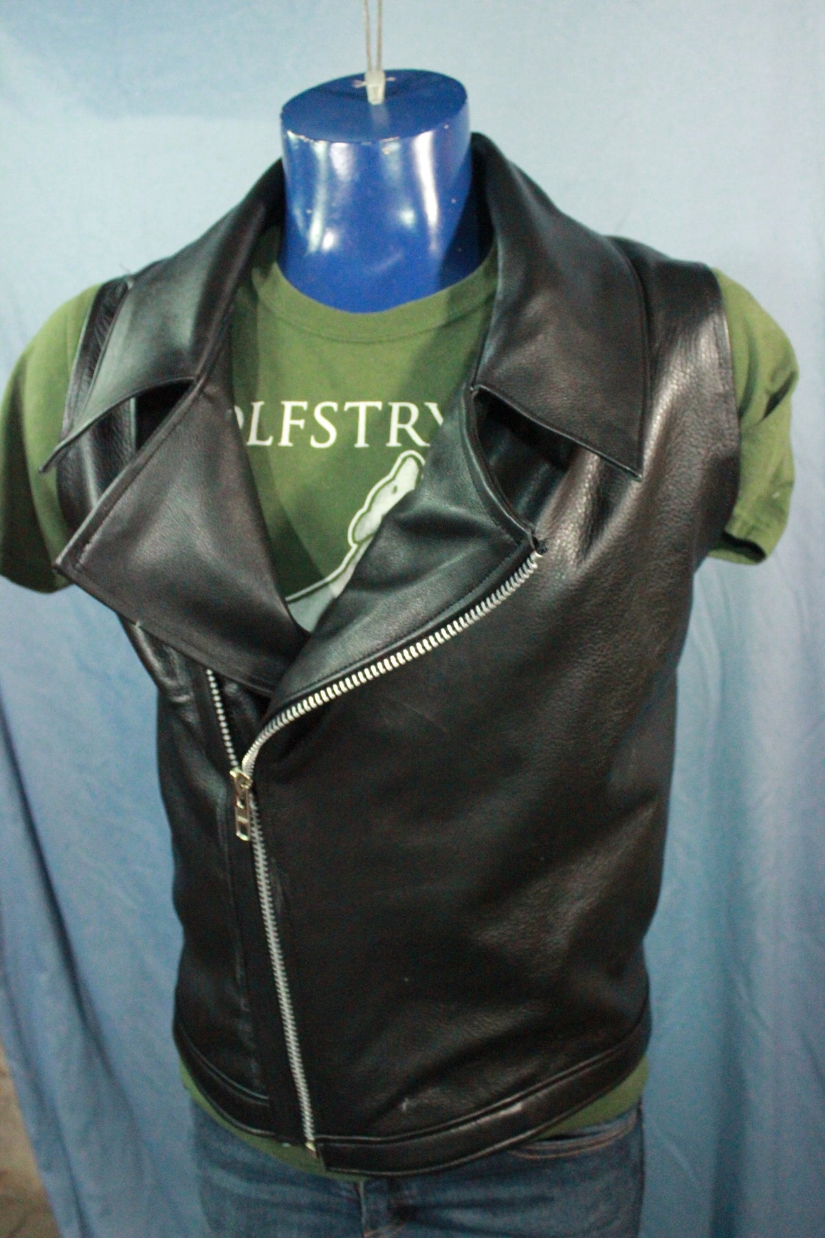 Classic Black Leather Biker Jacket Style Vest - view 3