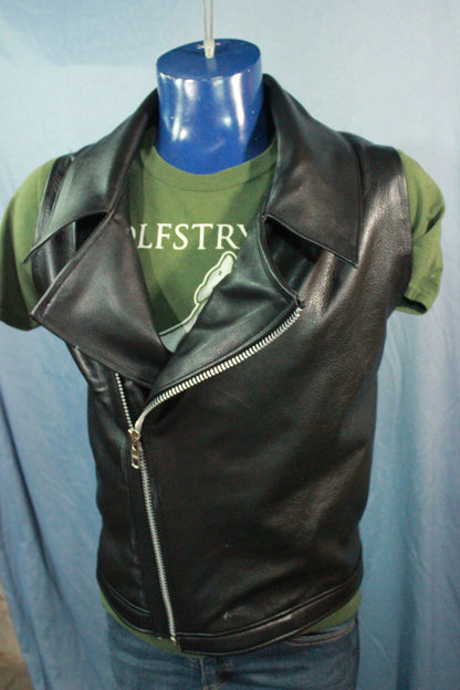 Classic Black Leather Biker Jacket Style Vest - view 3