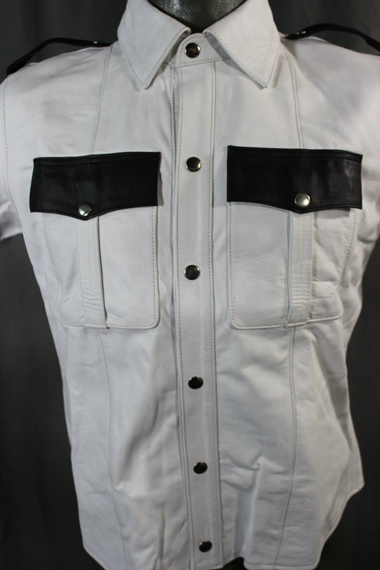 OnF Leather Shirts in White with Black Highlights - front view