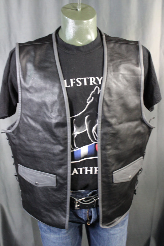 OnF Leather Bar Vest - Black with Grey Highlights - front view