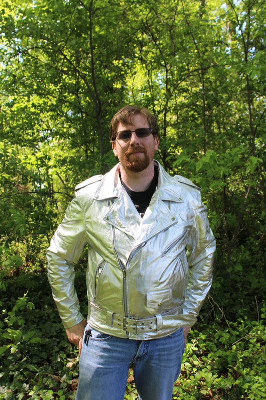 Otter and Fox Leather Biker Jackets in Silver - front view
