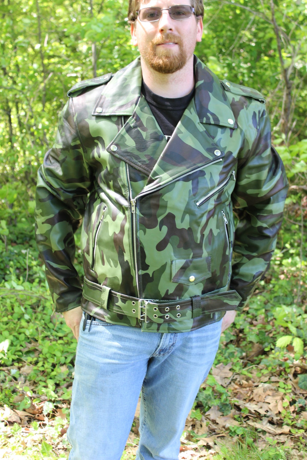 Otter and Fox Leather Biker Jackets in Camo - front view