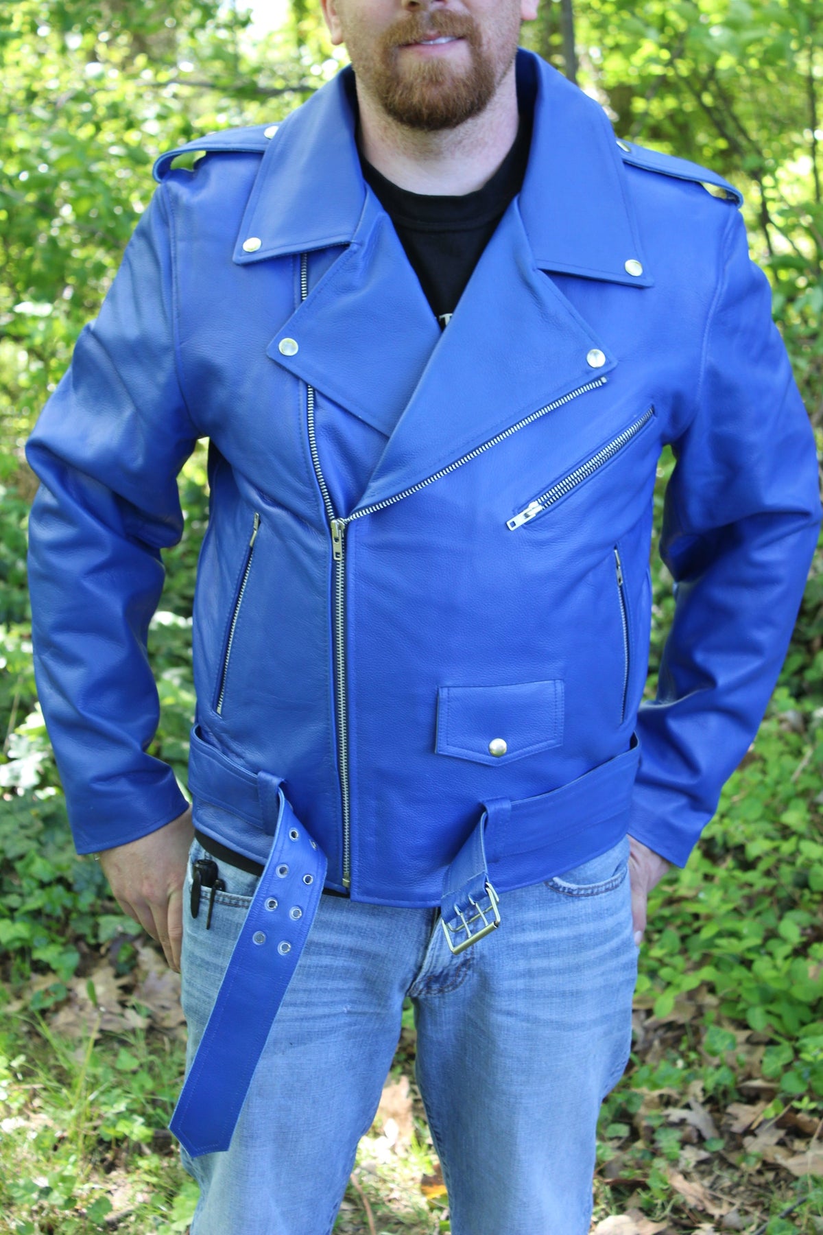 Otter and Fox Leather Biker Jackets in Blue - front view