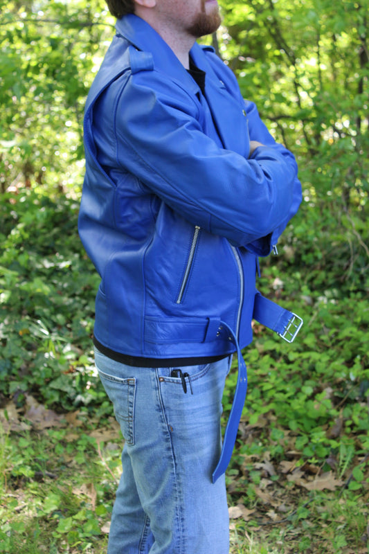 Otter and Fox Leather Biker Jackets in Blue - view 2