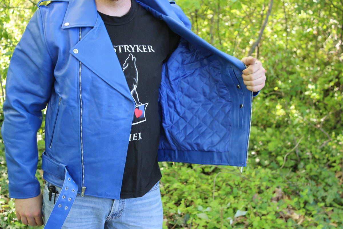 Otter and Fox Leather Biker Jackets in Blue - view 4