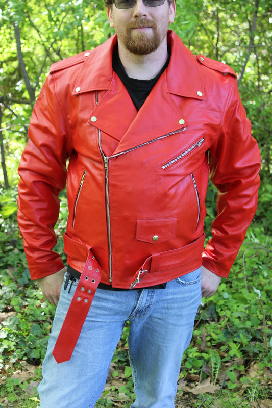 Otter and Fox Leather Biker Jackets in Red - front view