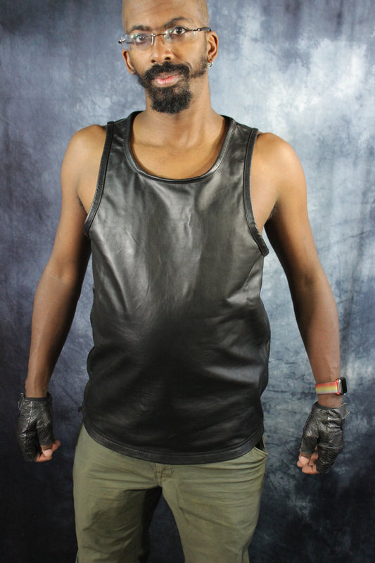 OnF Leather Tank Tops in Black - front view