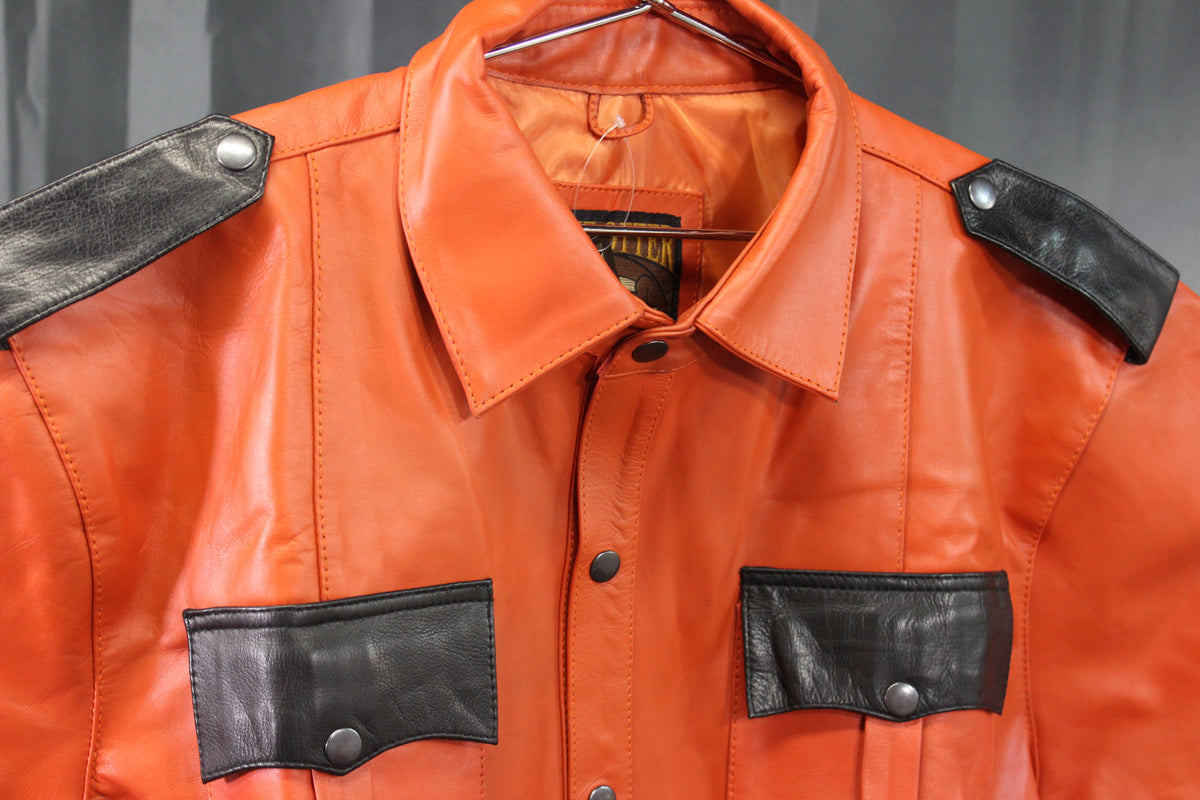 OnF Leather Shirts in Orange with Black Highlights - front view