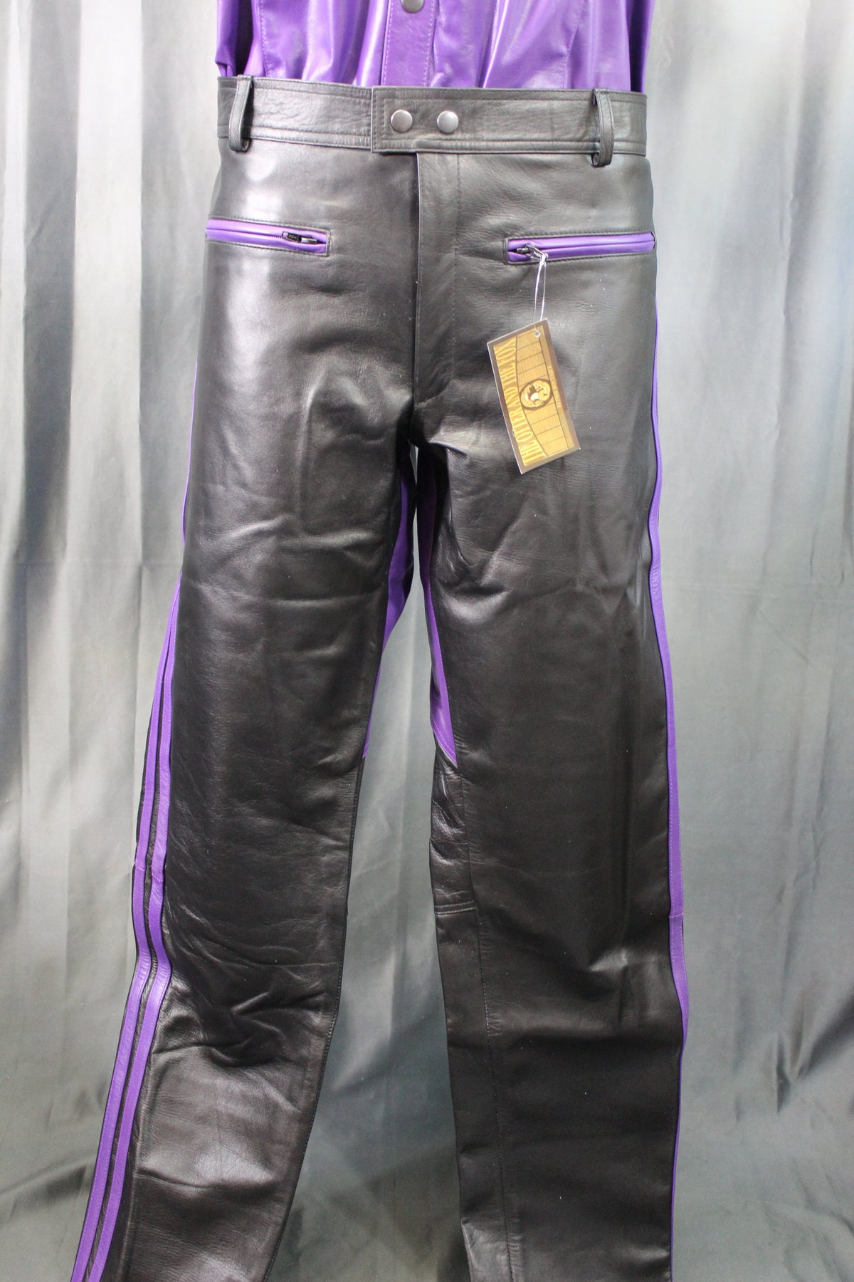 The Otter and The Fox Leather Formal Pants in Black with Purple Highlights - front view