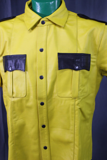 OnF Leather Shirts in Yellow with Black Highlights - front view