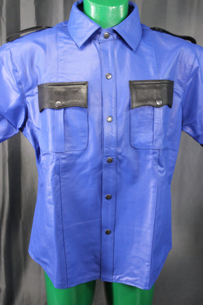 OnF Leather Shirts in Blue with Black Highlights - front view