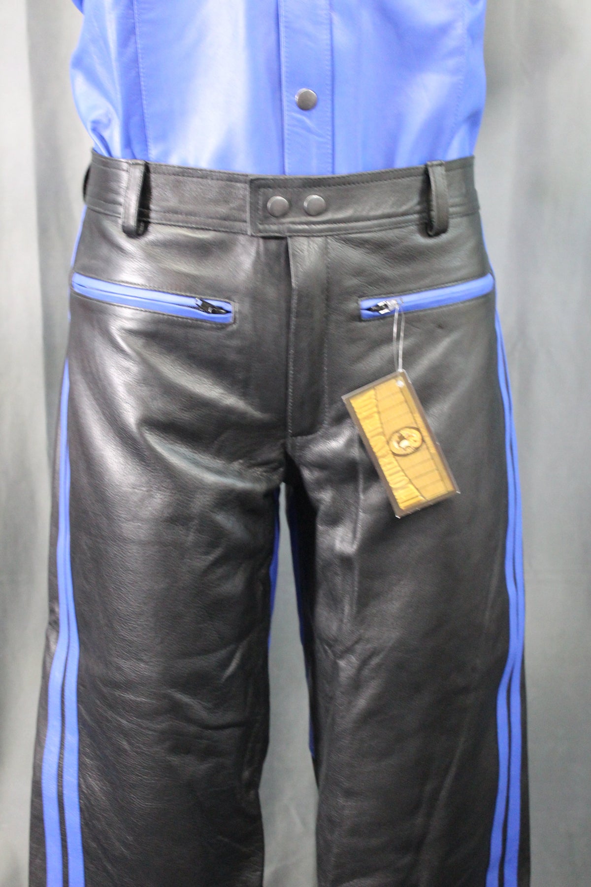 The Otter and The Fox Leather Formal Pants in Black with Blue Highlights - front view