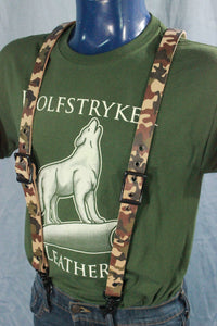 Classic Camouflage Leather Suspenders with Gunmetal Buckles - front view