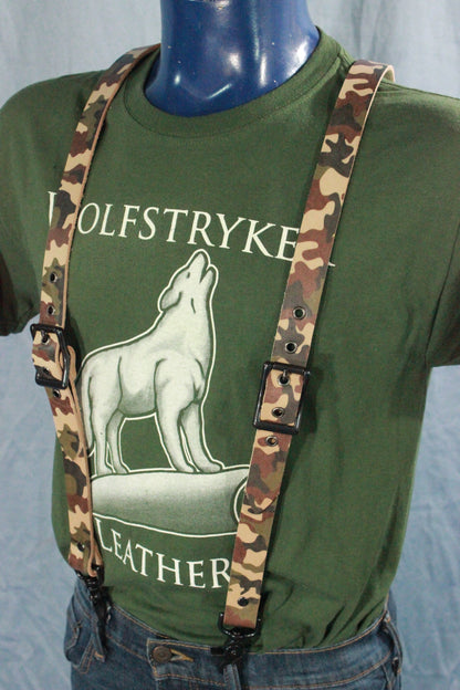 Classic Camouflage Leather Suspenders with Gunmetal Buckles - front view