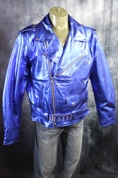 Otter and Fox Leather Biker Jackets in Blue Metallic - front view