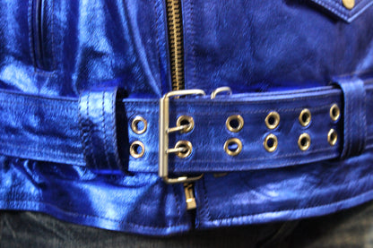 Otter and Fox Leather Biker Jackets in Blue Metallic - view 2