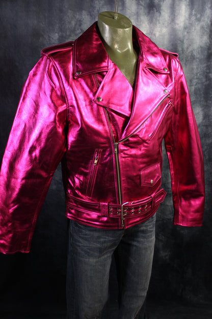 Otter and Fox Leather Biker Jackets in Pink Metallic - front view
