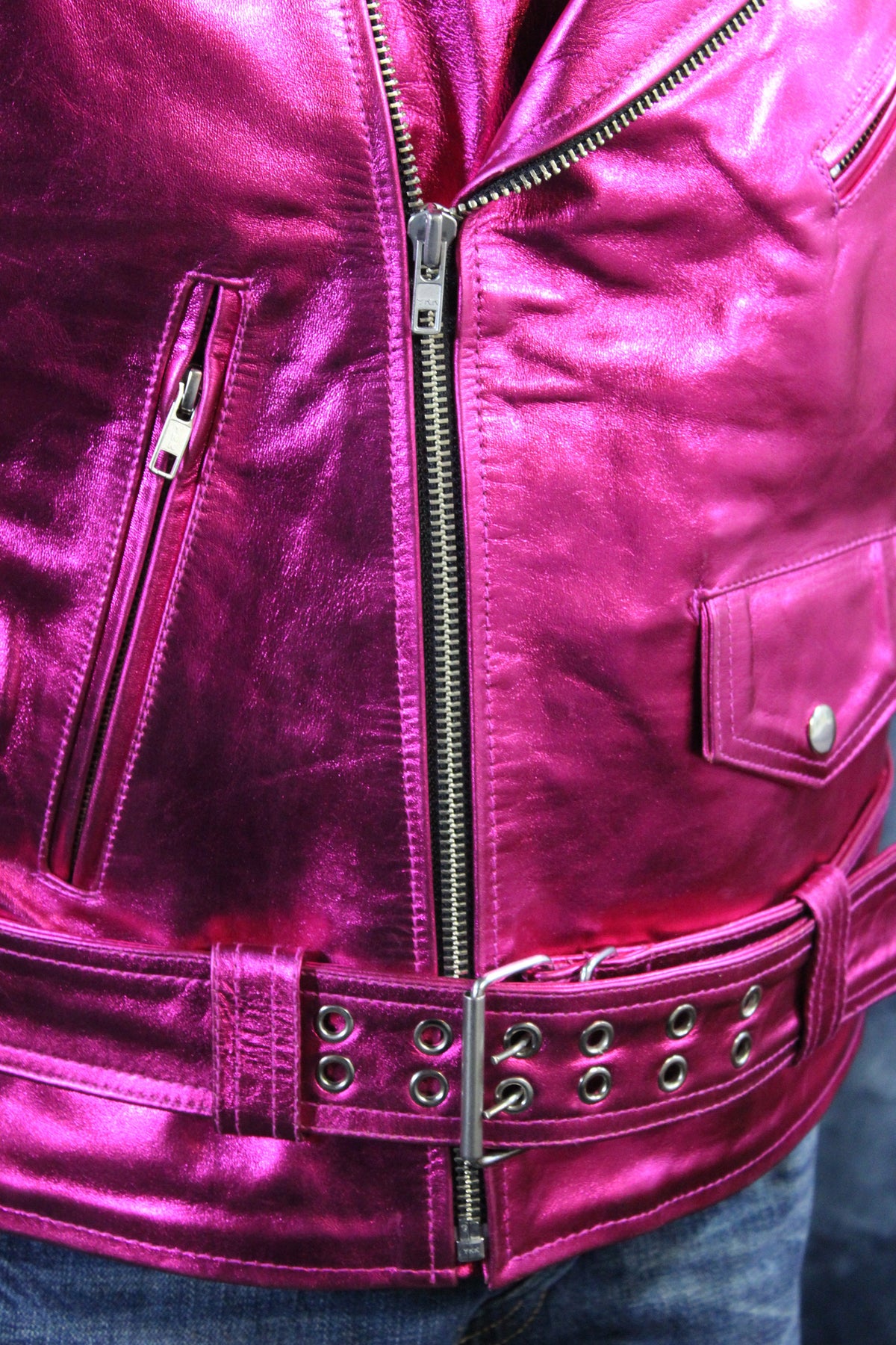 Otter and Fox Leather Biker Jackets in Pink Metallic - view 4
