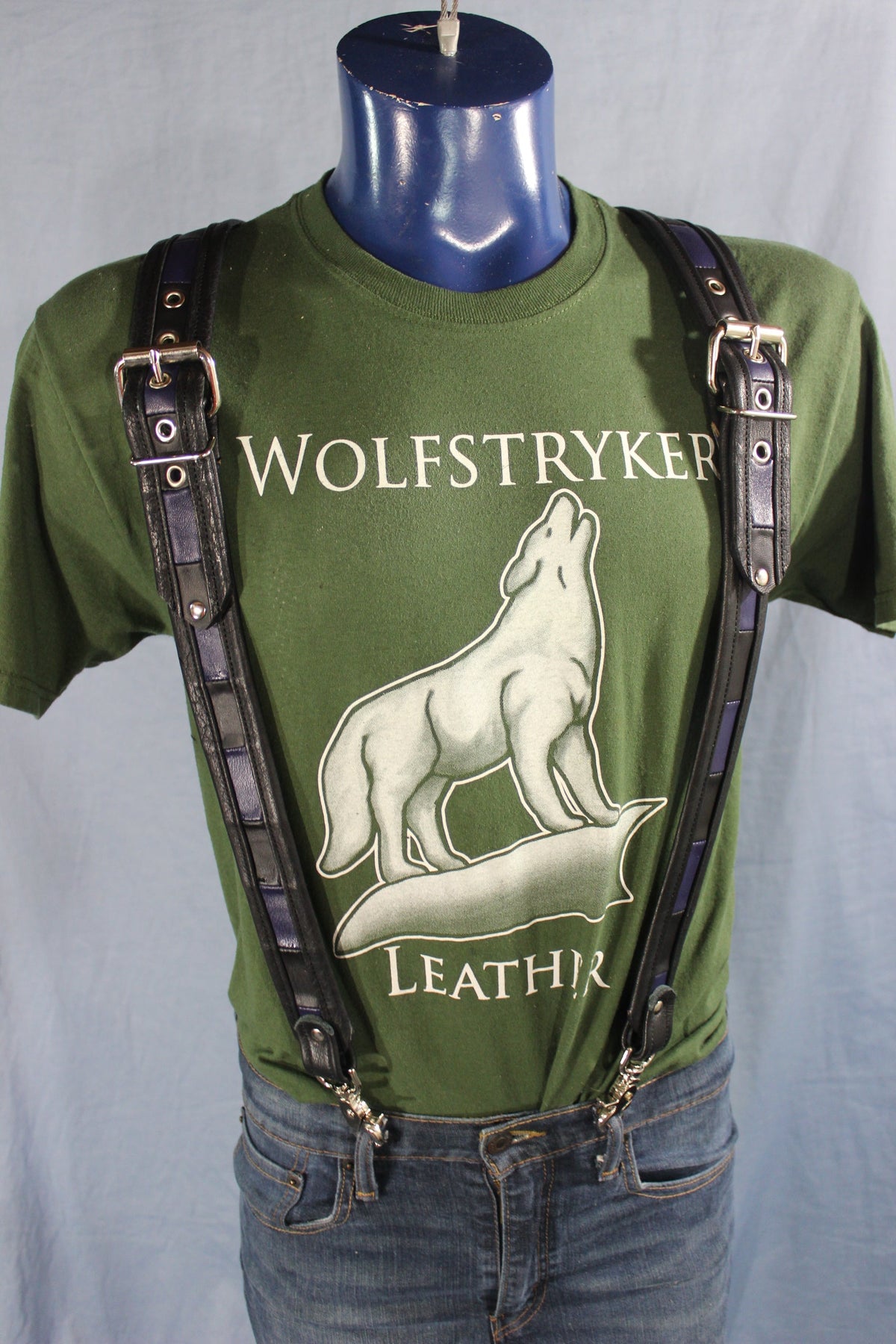 Convertible Suspenders - Black with Black and Blue Checkered Center) - front view