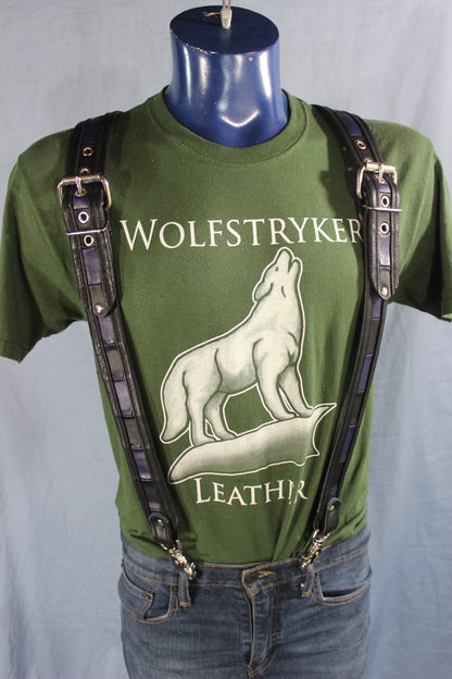 Convertible Suspenders - Black with Black and Blue Checkered Center) - front view
