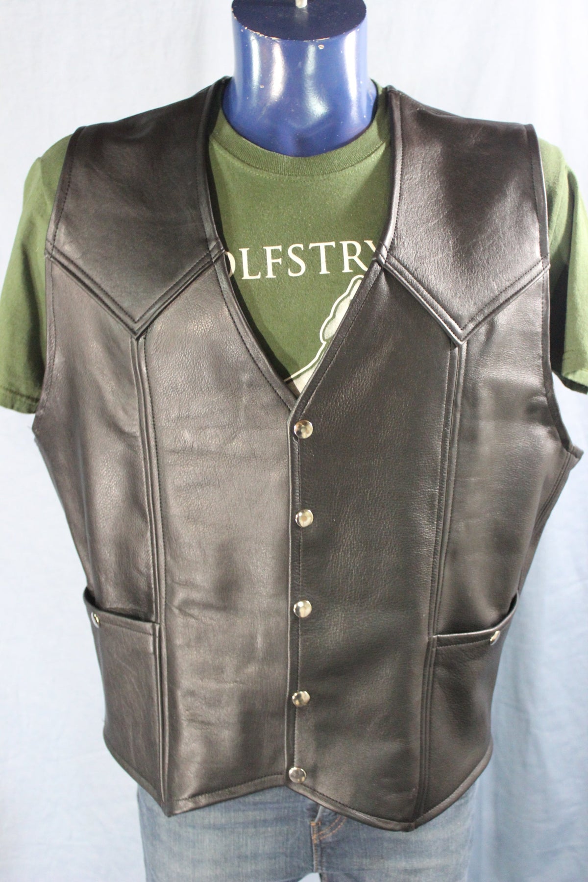 Black Leather Western Style Vest - front view