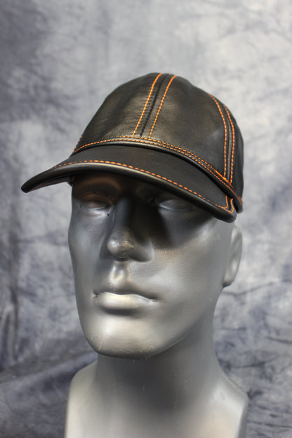 Leather Baseball Cap with Orange Stitching - view 5