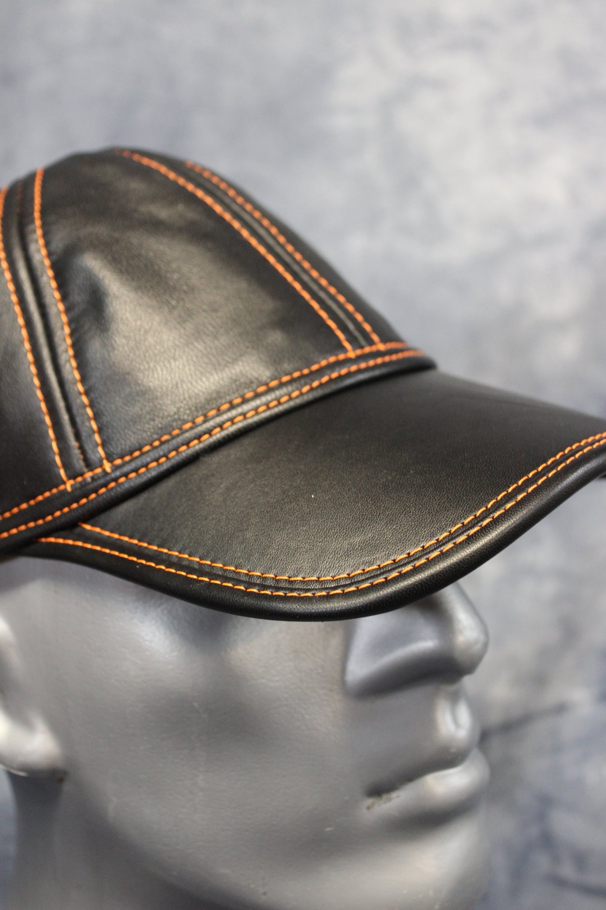 Leather Baseball Cap with Orange Stitching - front view