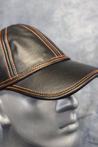 Leather Baseball Cap with Orange Stitching - front view