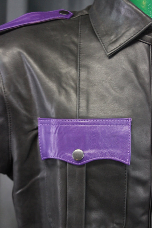 OnF Leather Shirts in Black with Purple Highlights - front view