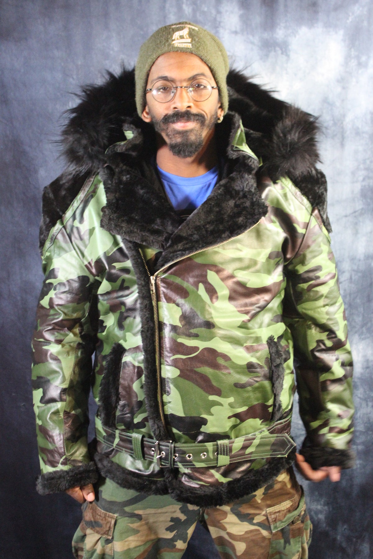 Camo Leather and Fur Jacket by Otter and The Fox - front view