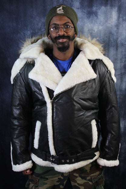 Black Leather and White Fur Jacket by Otter and The Fox - front view