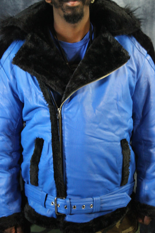 Blue Leather and Fur Jacket by Otter and The Fox - front view