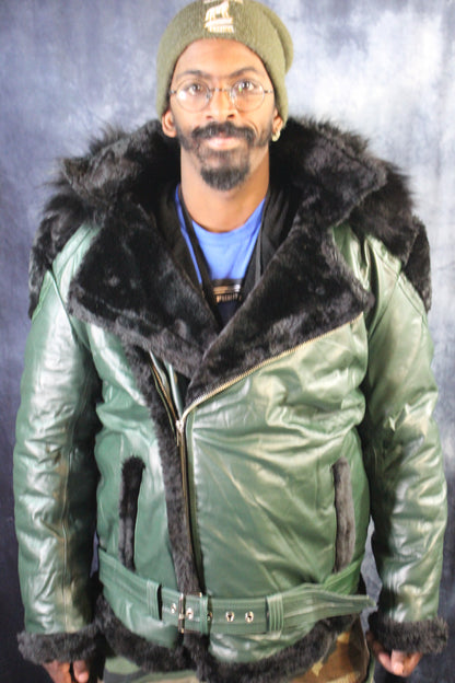 Hunter Green Leather and Fur Jacket by Otter and The Fox - front view