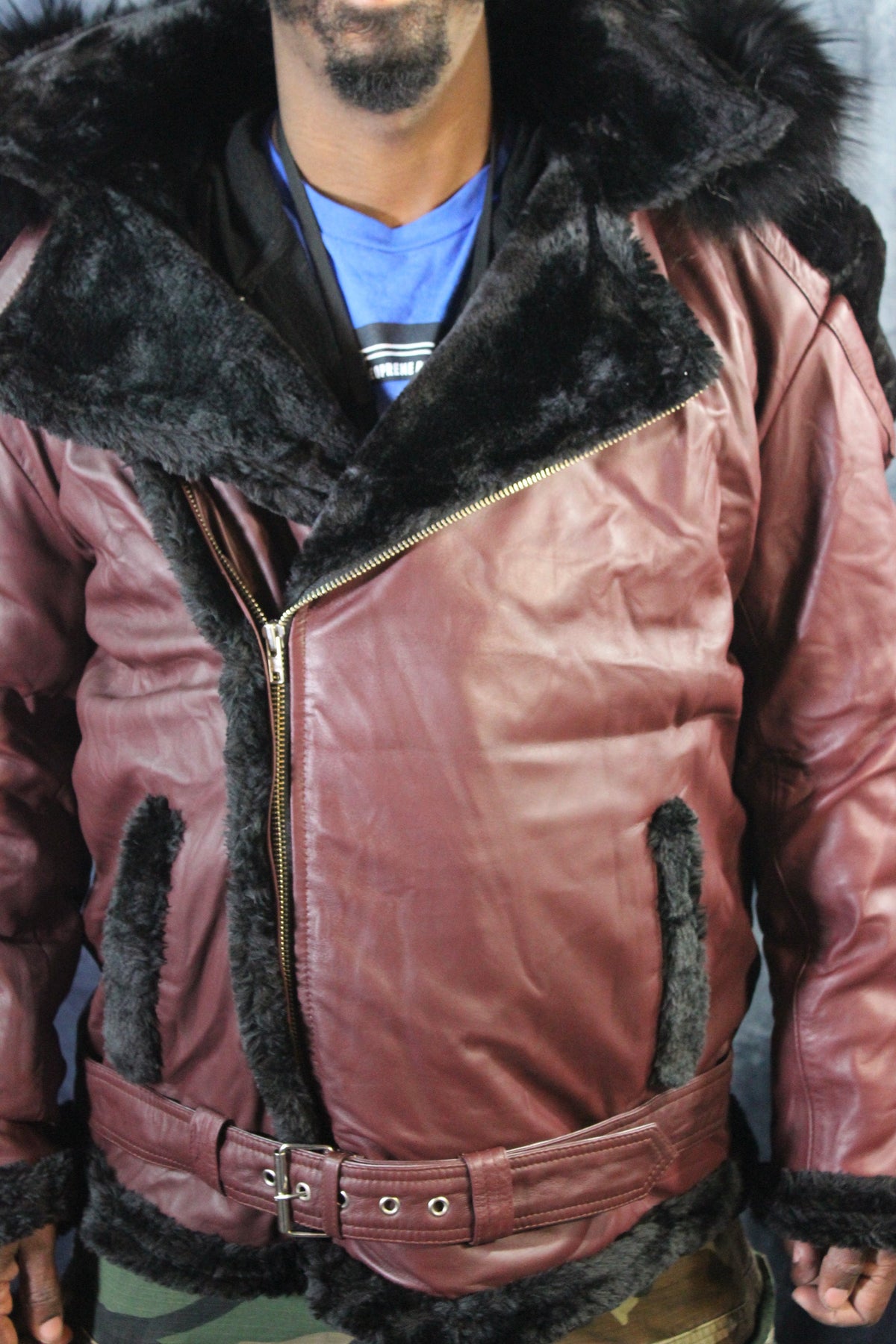 Burgundy Leather and Fur Jacket by Otter and The Fox - front view