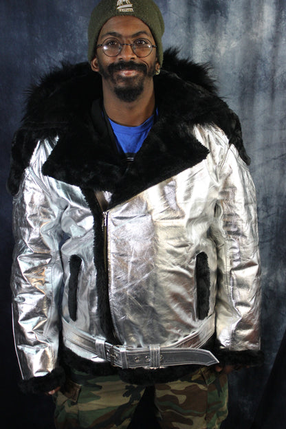 Silver Leather and Fur Jacket by Otter and The Fox - front view